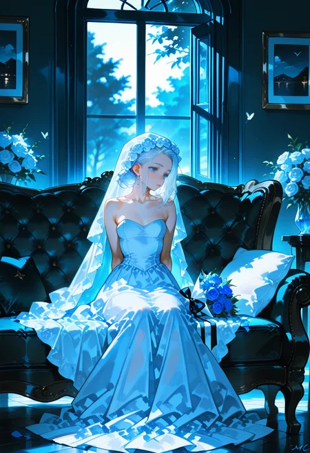 1girl,   white hair, medium hair,      small breasts,    
BREAK   1girl, sitting on couch, hands behind back,      
BREAK              wedding dress, veil, earrings, holding bouquet,  flowers are scattered on the bed), window,    
BREAK safe, ((momomo \(m0 3\):1.05), (21yc (september breeze):1.1), (qiandaiyiyu:0.65), (mame1645:0.95), (dantes ward:0.5), (sonson \(eleven\):0.7)), (dark theme, high contrast), masterpiece, best quality, very aesthetic, absurdres, highres, scenery, newest, <lora:ponyv5_noobE11_1_adamW:0.5>, <lora:UNSTABLE_v0.7-000009:0.4>
