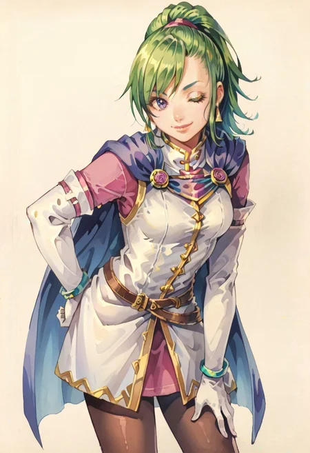 safe_pos, score_8, score_8_up, score_7_up, oblivionarts, 1girl, solo, female focus,  solo, Karis_GS, green hair, ponytail, bangs, asymmetrical hair, sidelocks, purple eyes, triangle earrings,capelet, blue capelet, small breasts, mandarin collar, coat, white coat, ribbon trim, gold trim, undershirt, pink shirt, pink sleeves, crossed belts, miniskirt, pink skirt, white gloves, elbow gloves, bracelet, black pantyhose, standing, looking at viewer, leaning forward, bent over, smile, winking, V over eye, v, hand on own hip, hand on own thigh, cowboy shot, simple background