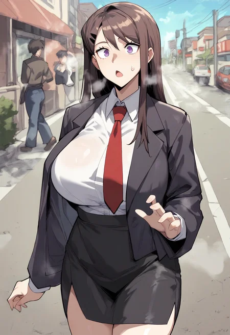 score_9, score_8_up, score_7_up, score_6_up, source_anime, rating_explicit, 1girl, solo, huge breasts, <lora:Shin Se-hee prefectPonyxl:0.85> brown hair, long hair, black hairclip, purple eyes, black hair, black jacket, red necktie, white shirt, collared shirt, long sleeves, pencil skirt, black skirt, surprised, open mouth, Narrow shoulders, heavy breathing, steaming body, street, outdoors, looking at viewer