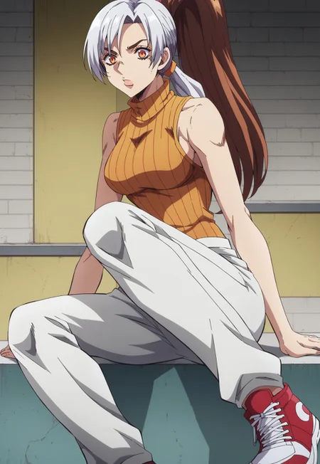 score_9, score_8_up, score_7_up, BREAK, 1girl, red bell-bottom pants,sleeveless orange turtleneck sweater, no sleeves, red sneakers with branchy details, white hair, and brown hair, orange eyes, brown bangs, brown ponytail