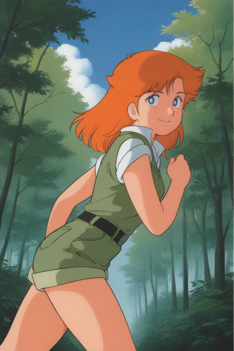 masterpiece, best quality, source_anime,official art,perfect_anatomy,1990s_\(style\),retro_artstyle, 1girl,Doris,blue_eyes,Freckles,orange_hair,long_hair,green_dress,shorts,(running,beautiful detailed face,looking_at_viewer,smile),cowboy shot,thighs,hip,from side,day,forest,blue_sky,cloud