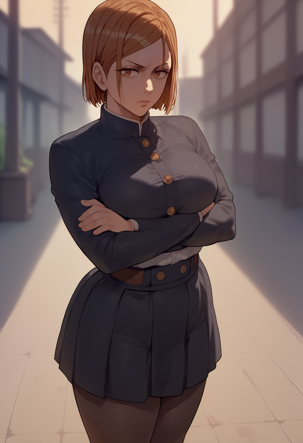 score_7_up, score_6_up, solo, 1girl, kugisaki nobara, expressionless, looking at you, standing, crossed arms, school uniform, black jacket, long sleeves, black skirt, pantyhose, large breasts, outdoors
<segment:yolo-face_yolov8m.pt,0.4,0.5//cid=1>