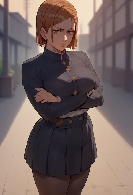 score_7_up, score_6_up, solo, 1girl, kugisaki nobara, expressionless, looking at you, standing, crossed arms, school uniform, black jacket, long sleeves, black skirt, pantyhose, large breasts, outdoors
<segment:yolo-face_yolov8m.pt,0.4,0.5//cid=1>