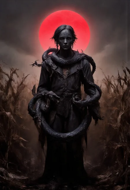 a scarecrow in corn field, red moon, a black python coiled around scarecrow, very tall wild grass in background,