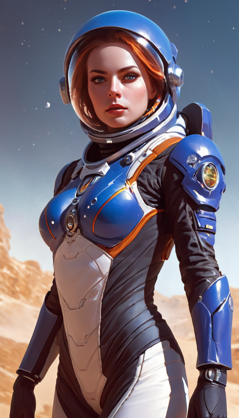 Stunning female in space suit, sci-fi, extremely beautiful piercing eyes, cinematic scene, hero view, action pose, scenery, detailed background, masterpiece, best quality, high quality, intricate, absurdres, very detailed, extremely high resolution, 8k, vivid, colorful, Greg Rutkowski <lora:greg_rutkowski_xl_v3:1>
