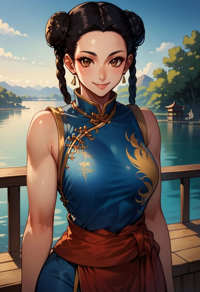 score_9, score_8_up, score_7_up, score_anime, (pai chan), 1girl, chinese clothes, sash, sleeveless, female, black hair, brown eyes, twin braid, double bun, perfect, beautiful, detailed, score_9, score_8_up, score_7_up, , (breasts), (standing), japanese house, smile, greeting, (upper body focus)