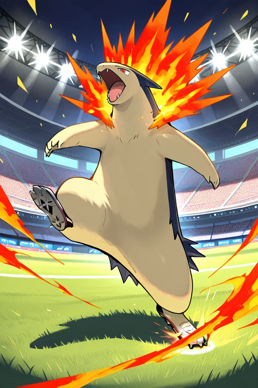 masterpiece, best quality, no humans, pokemon (creature), fire, <lora:TyphlosionPokedexIXL:1.0>, Soccer, zzTyphlosion wearing soccer uniform, cleats, goalpost, cheering crowd, action-packed field, dynamic kick, teammate in motion, stadium light
