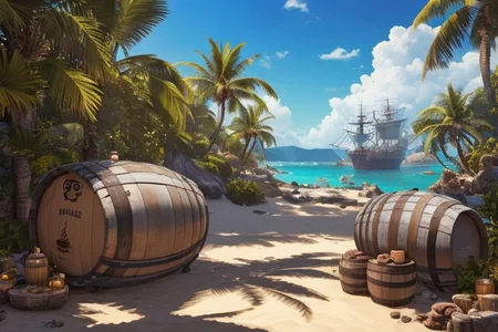 (illustration:1.2), (beautiful caribbean beach pirate landscape), fantasy, sharp focus, (ultradetailed), (ship galleon:1.2), pirate (village), leafy beach coast, (treasure chest with coins, gems and jewels, rum barrel, best quality masterpiece, bright sunny sky, backlight, natural lights, high contrast, hdr, shadows, pretty, beautiful, (PirateDiffusionprt:0.5), <lora:Pirate:0.3> PrateT <lora:PirateRealms:0.3> <lora:Detail Tweaker LoRA add_detail:0.7> <lora:depth_of_field_slider_v1:5> <lora:SDXLrender_v2.0:0.8>