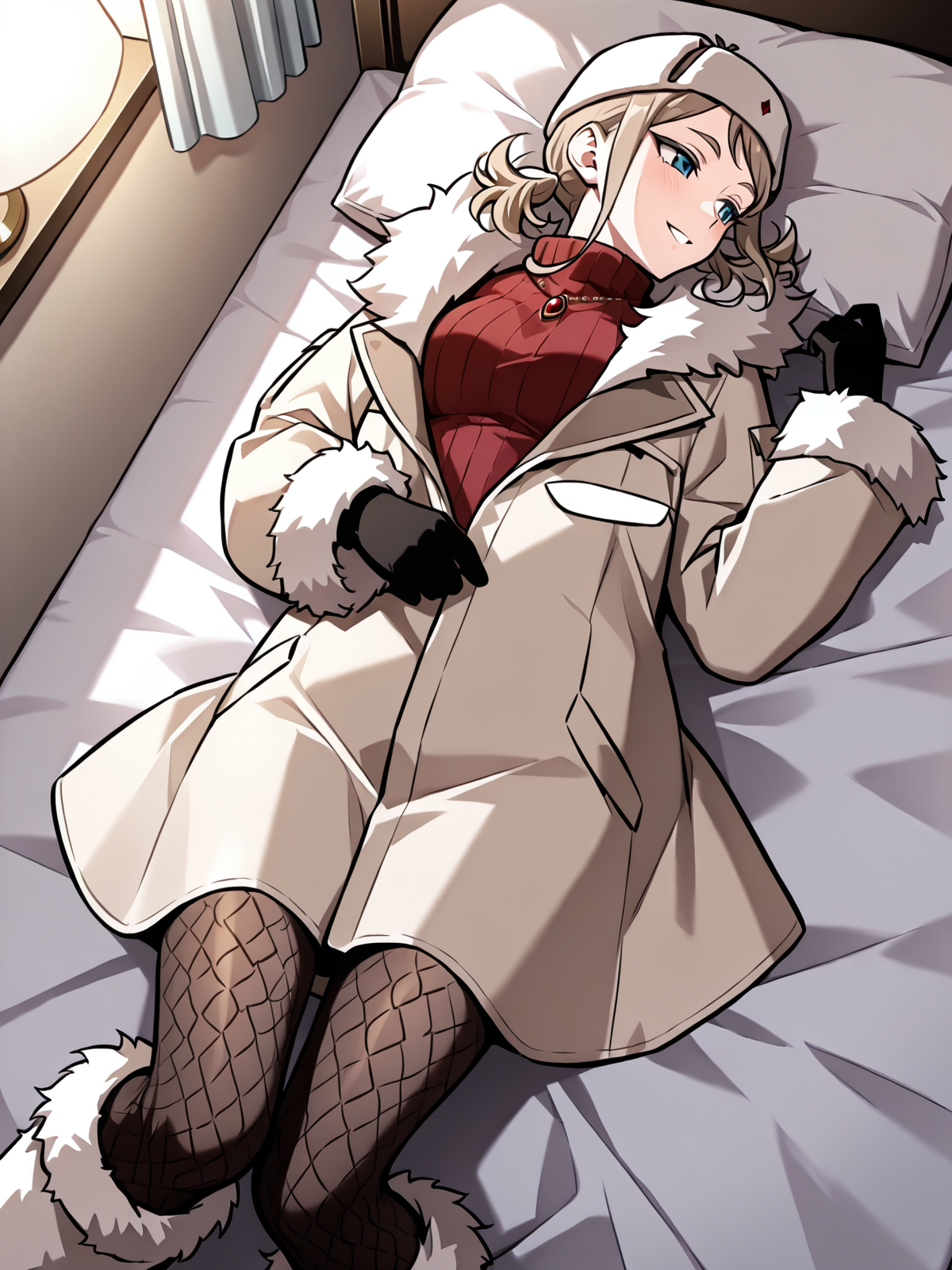 <lora:Omniscient_Readers_Viewpoint__Iris_Vladimirovna_Rebezova:1>
1girl, solo, light brown hair, short twintails, side hair strands, blue eyes, ushanka, 
beige winter coat, fur-trimmed coat, red turtleneck sweater, patterned tights, fur boots, thick gloves, white fur, winter hat, white hat with red gem, long sleeves, layered clothing, 
score_9, score_8_up, score_7_up, score_6_up, source_anime, masterpiece, best quality, top-down view, a beautiful woman lying on a bed, relaxed pose, long flowing hair spread on the pillow, soft lighting, cozy bedroom, gentle expression, elegant nightgown, delicate sheets, natural shadows, serene atmosphere, slight perspective distortion from above