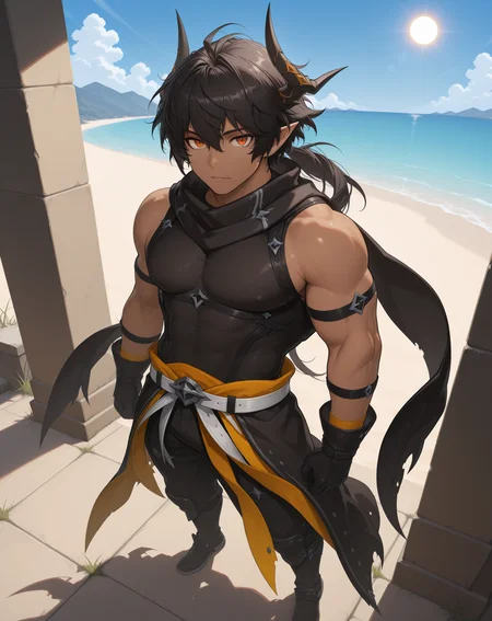 masterpiece, amazing quality, best quality, absurdres, very aesthetic,
1boy, solo, yaoi, male focus, full body, from above, standing, looking at viewer, face focus,
<lora:Sol_Limit_Break:1> lbsol, dark skin, horns, dark-skinned male, pointy ears, black hair, orange eyes, muscular male, hair between eyes, ponytail,
black gloves, black scarf, sleeveless shirt, covered abs, bare shoulders,
outdoors, day, blue sky, sun,