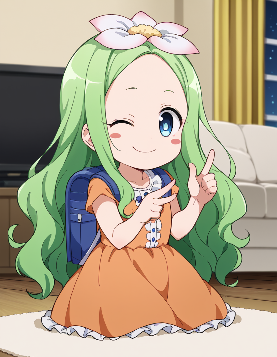 score_9, score_8_up, score_7_up, source_anime, <lora:celine-darkness-ponyxl-lora-nochekaiser:1>, celine, long hair, blue eyes, hair ornament, flower, green hair, hair flower, wavy hair, blush stickers,, dress, backpack, orange dress, frills,, living room, television, couch, popcorn, watching movie, night time, sitting, , <lora:double-finger-gun-ponyxl-lora-nochekaiser:1>, double finger gun,, blush, smile, one eye closed, from side, looking at viewer, solo,, dutch angle, cowboy shot