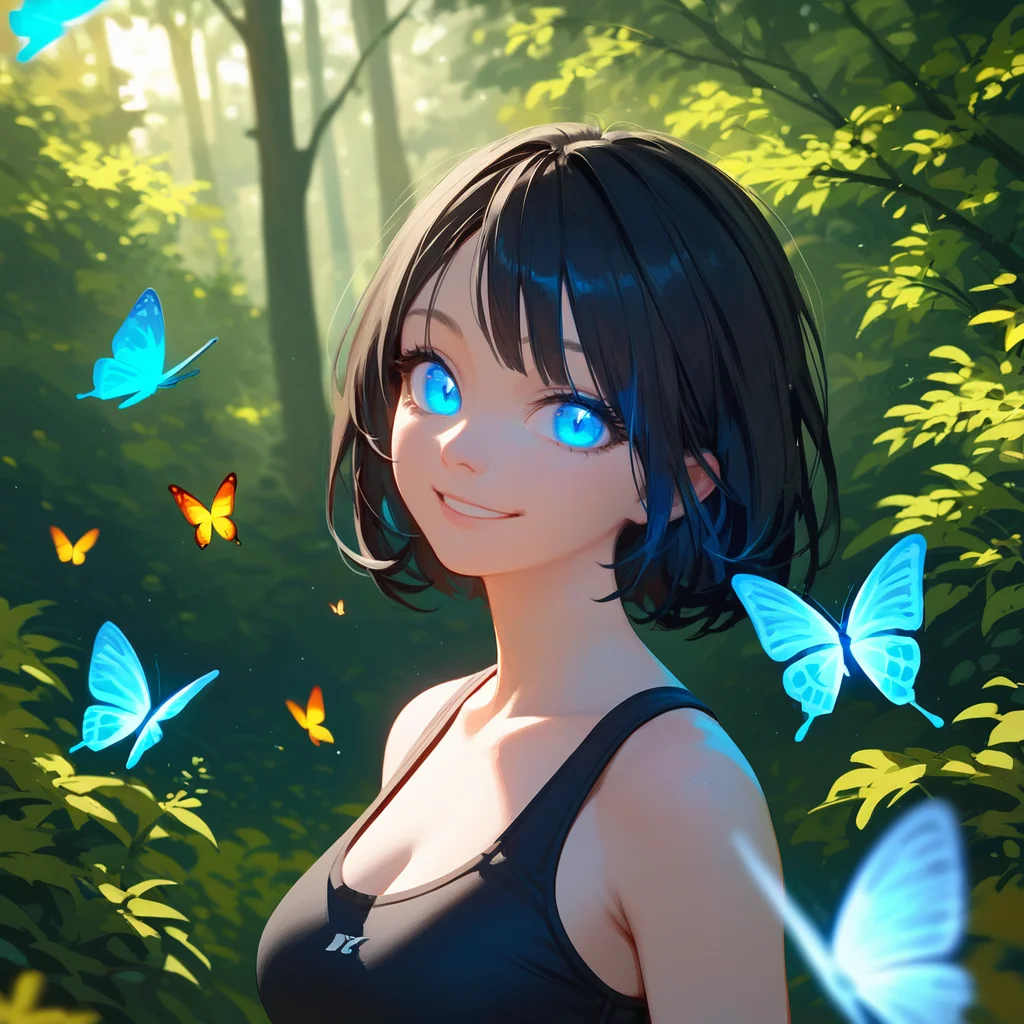 score_9, score_8_up, score_7_up, PDXL, <lora:ProfPic-000001:1>, pr0fpic, portrait,
1girl, cute face, detailed eyes, blue glowing eyes, black hair, looking at the viewer, smiling, forest and butterflies in the background, black sports bra