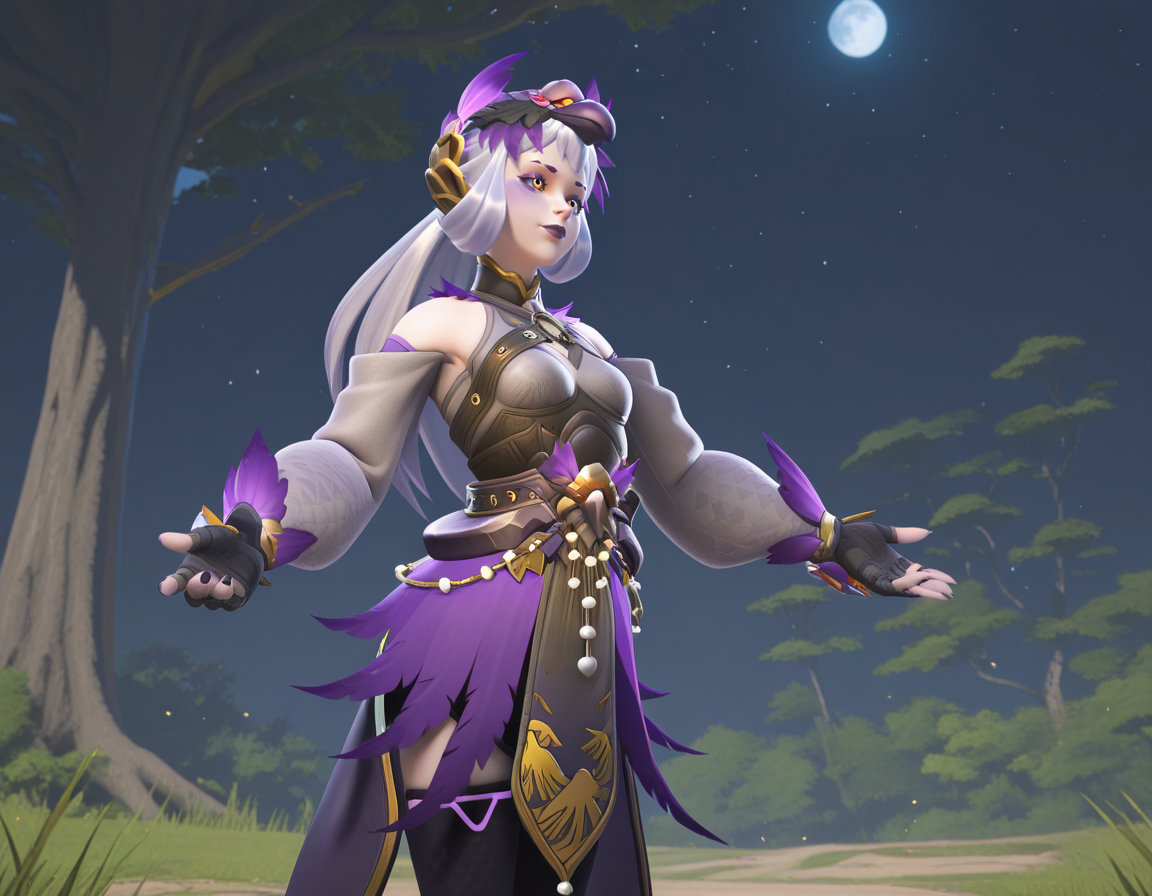Masterpiece, high-res, 2k, best quality, 2.5d, 1girl,   yatagarasukiriko, kiriko (overwatch) <lora:yatagarasu_kiri_illus-000046:1> Arms outstretched to the side, Enchanted Treehouse among Giant Mushrooms