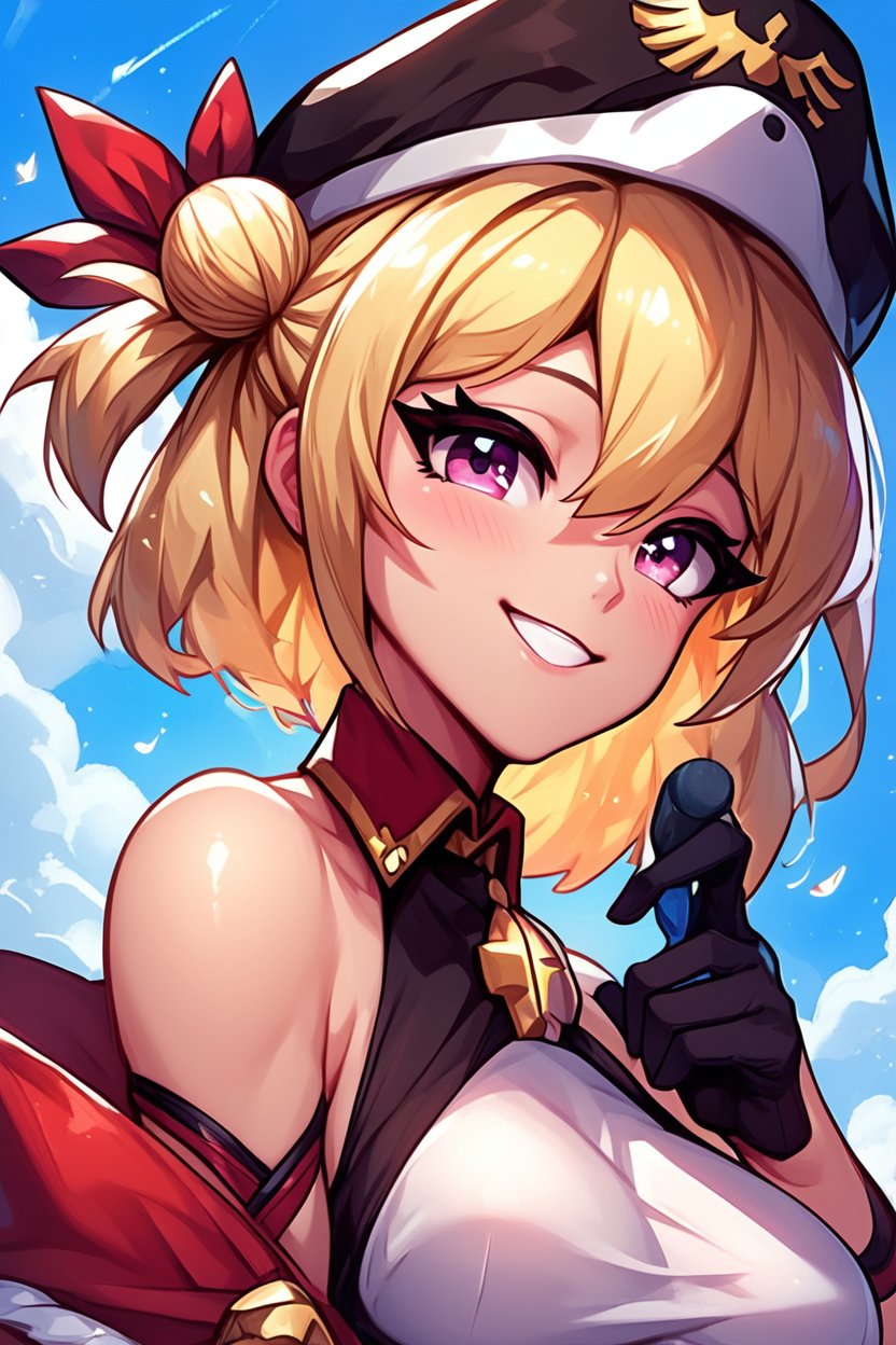 score_9, score_8_up, score_8, medium breasts, (curvy), cute, eyelashes,       ,,, , ,,, zzLeipzig, hair between eyes, pink eyes, blonde hair, hair bun, hair ribbon, one side up, short hair, single hair bun, hat, bare shoulders, purple eyes, ribbon, gloves, black gloves, medium breasts, black headwear, large breasts,  <lora:Leipzig_Azurlane_PDXL:1.0>,  ,,,, BREAK, embedding:zPDXL, Expressiveh, ,,, <lora:EnergyCAT:1.0>, solo, smile, looking at viewer, aura, blue sky, ,,, <lora:SDXLFaeTastic2400:0.5>, <lora:Expressive_H-000001:0.4>,