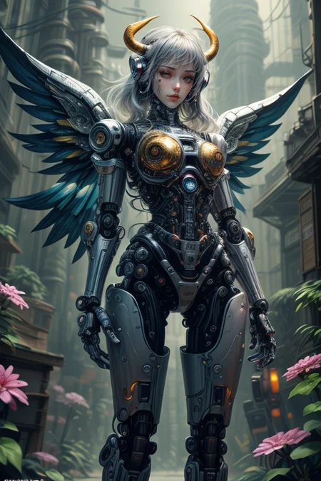 (Silver and Gold:1.3),at distance,the full and whole body,full length shot,posing,flirting,(playful gaze, smirking:1.3),seductive,korean skinny woman,silver hair,(Clockwork forest BG, divinity:1.3) elven queen,elven ears,(rich, royal, lot of jeweler:1.3),(flowers in your hair:1.3),(by Artist Andre-Charles Boulle:1.3),(antlers:1.3),(fairy wings:1.3),(robotic arms, robotic legs, humanoid robot, cybernetic parts:1.5),(Cyberpunk Art:1.3),(Sci-fi:1.3),(Clockworkpunk Art:1.3),(intricate details:1.2),<lora:Concept_-_Hella-sthetic_v2:0.7>,, intricate, elegant, highly detailed, symmetry, magical atmosphere, sharp focus, majestic, very coherent, radiant, advanced, cinematic, artistic, fine detail, winning, beautiful, stunning, dramatic light, designed, rich deep colors, perfect professional background, ambient, tailored set composition