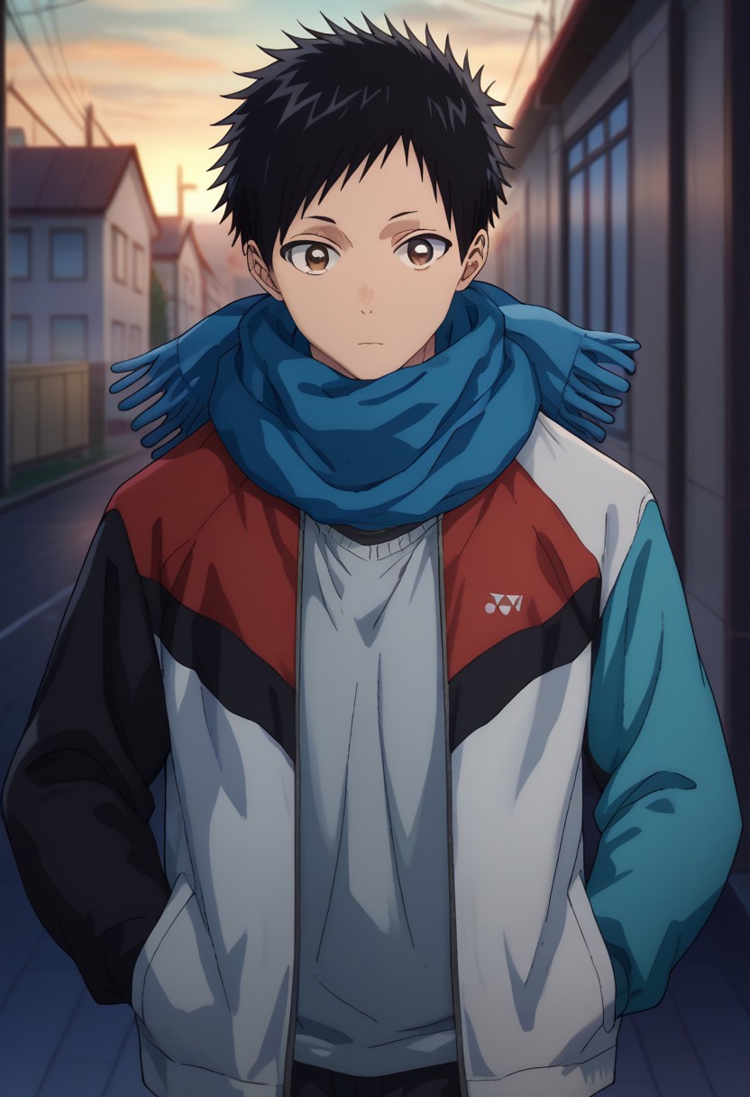 score_9, score_7_up, source_anime, 
taiki, 1boy, male focus, solo, brown eyes, black hair, short hair, scarf, blue scarf, jacket, multicolored jacket, multicolored clothes, open jacket, open clothes, shirt, grey shirt,
outdoor,