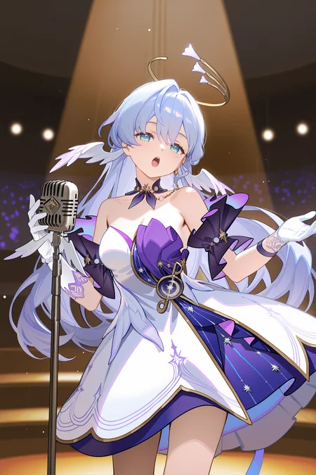 1girl, solo, robin \(honkai: star rail\), halo, head wings, earrings, detached collar, sleeveless dress, detached sleeves, white gloves, cowboy shot, looking at viewer, vintage microphone, standing, looking at viewer, singing, open mouth, stage, stage lights, indoors, depth of field <lora:Char-HonkaiSR-Robin-V2-IL:0.9:hr=0.7>,  kanzaki hiro, ciloranko, alphonse \(white datura\), (ask \(askzy\), gomzi, you shimizu: 0.7)
masterpiece, best quality, amazing quality, very aesthetic, absurdres, newest, (scenery, volumetric lighting), ray tracing, (bloom:1.4), cinematic