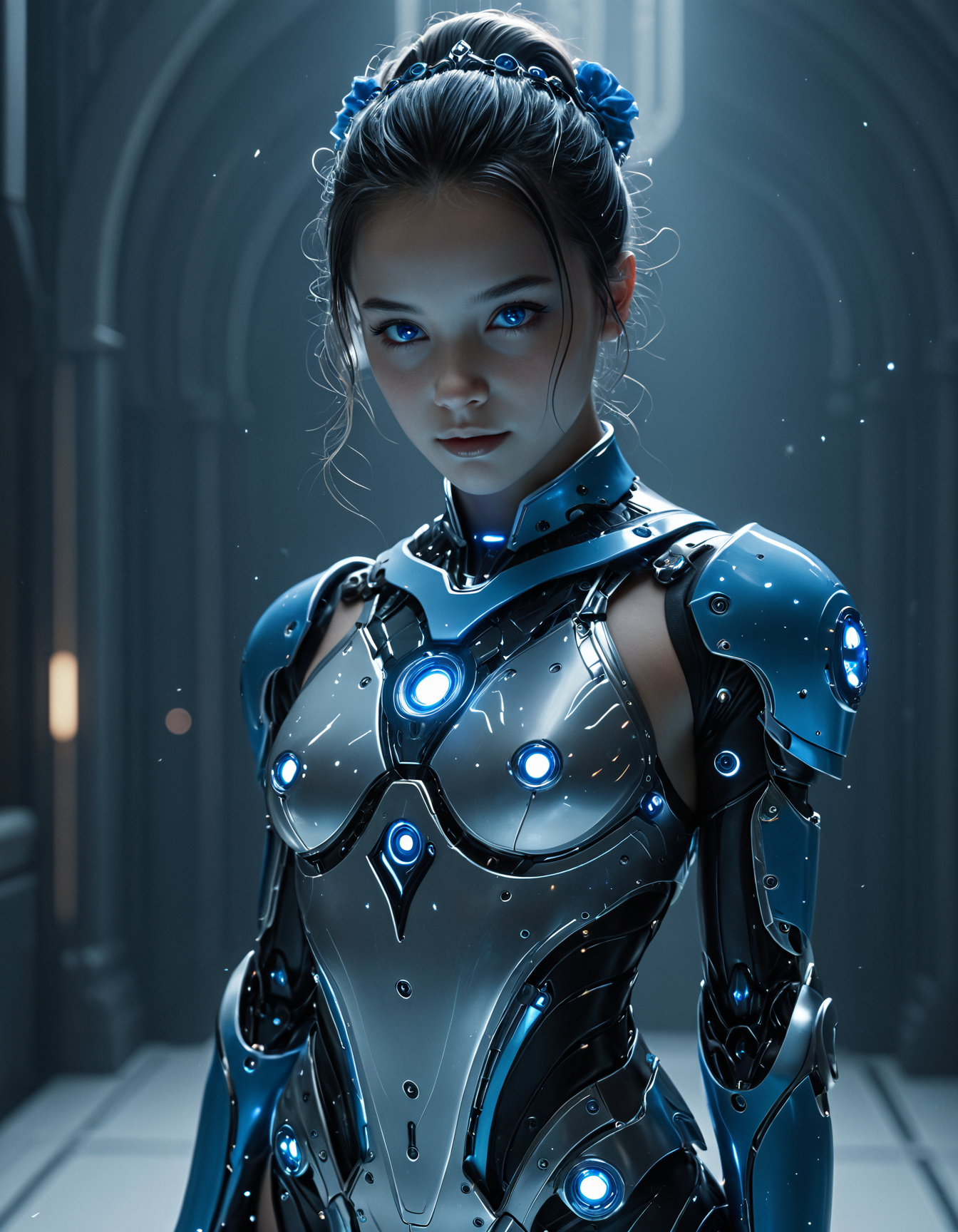 cinematic film still a digital art work of a robot with a blue face and arms and arms [15],soft cinematic lighting,ultra detailed,<lora:Mitsu-Cyberpunk:1>,Ai-Mitsu,cyberpunk art,<lora:Princess-SDXL:1>,Charlie Bowater princess,realistic,hyper-detailed, . shallow depth of field, vignette, highly detailed, high budget, bokeh, cinemascope, moody, epic, gorgeous, film grain, grainy