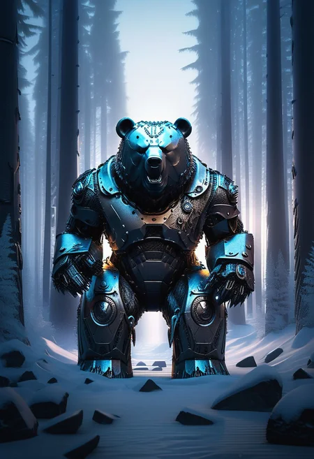 intricate details, masterpiece, best quality, dramatic lighting, the iron bear, ethereal background enhancing spatial depth, ultra-detailed, high quality, visually stunning, scintillating ambiance. polar landscape