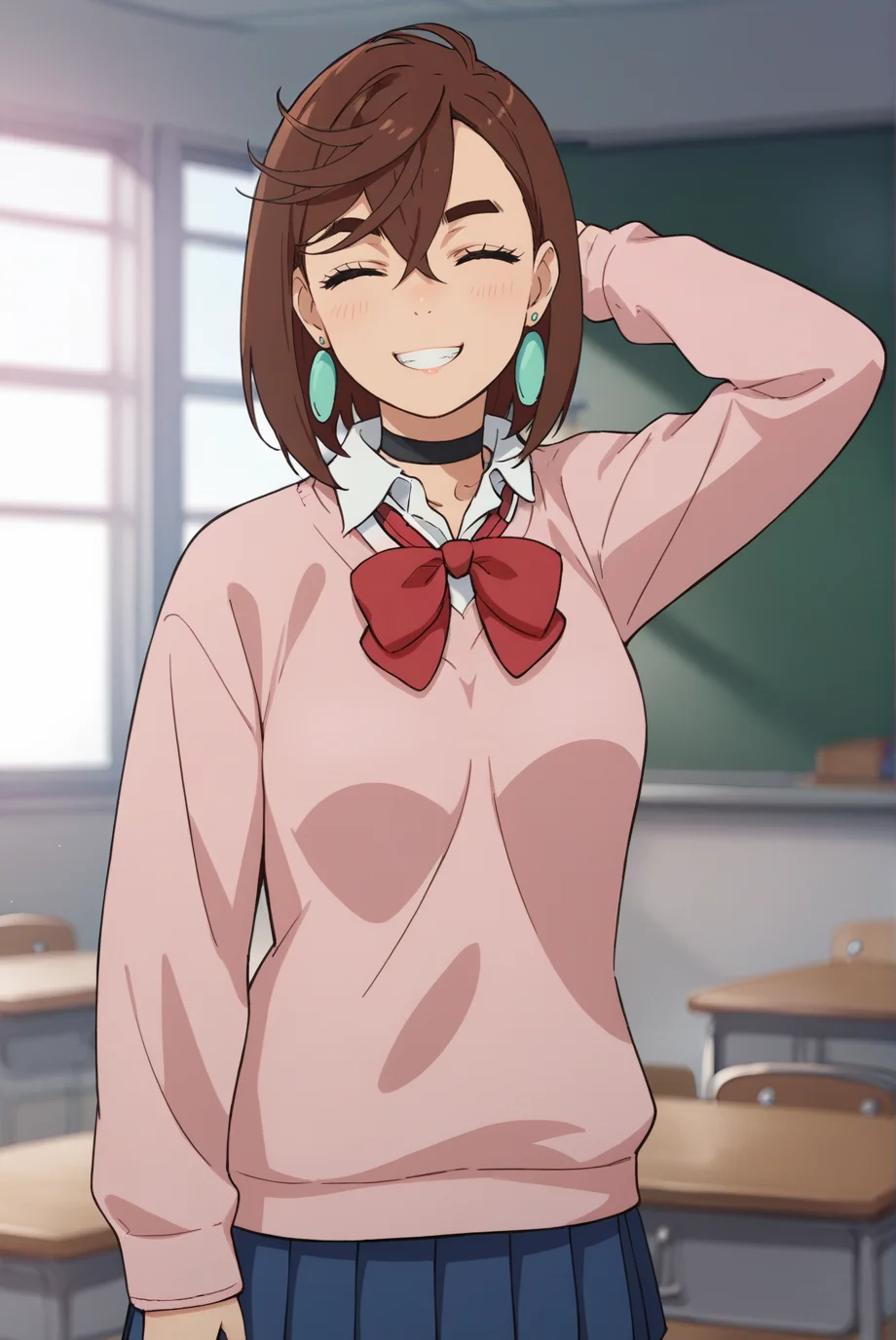 score_9, score_8_up, score_7_up, score_6_up, score_5_up, score_4_up, BREAK source_anime, 1girl, solo,
<lora:MomoAyaseXL-v3-07:0.7>, ChopioMomo, brown hair, short hair, hair between eyes, thick eyebrows, closed eyes, looking at viewer,
medium breasts, 
outfit_1, earrings, black choker, pink sweater, collared shirt, open collar, red bowtie, loose bowtie, long sleeves, blue skirt, pleated skirt, miniskirt,
classroom, standing, smile, arm behind head, clenched teeth,