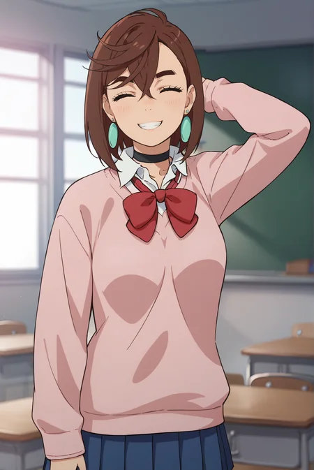 score_9, score_8_up, score_7_up, score_6_up, score_5_up, score_4_up, BREAK source_anime, 1girl, solo,
<lora:MomoAyaseXL-v3-07:0.7>, ChopioMomo, brown hair, short hair, hair between eyes, thick eyebrows, closed eyes, looking at viewer,
medium breasts, 
outfit_1, earrings, black choker, pink sweater, collared shirt, open collar, red bowtie, loose bowtie, long sleeves, blue skirt, pleated skirt, miniskirt,
classroom, standing, smile, arm behind head, clenched teeth,