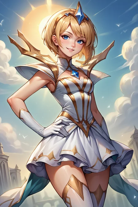 score_9, score_8_up, score_7_up, score_6_up, source_anime, 1girl, solo, <lora:lux-pdxl-nvwls-v1-000005:1> lgtlux, blonde hair, blue eyes, short hair, tiara, white dress, white gloves, white thighhighs, smile, hand on hip, blue sky, sun, looking at you, wide shot, white marble castles