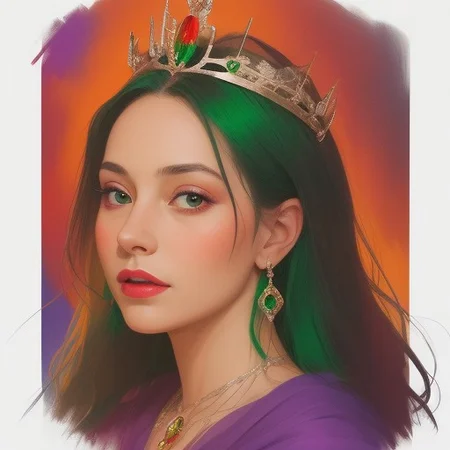 Portrait of a beautiful Queen.
Orange, red, green,  purple colors only.