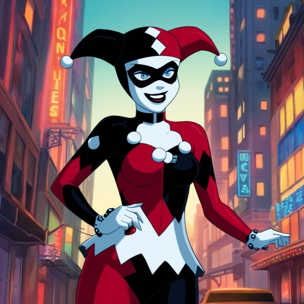anime artwork of  <lora:Harley Quinn:1.2>
Harley Quinn a woman dressed as a Harley Quinn In Gotham City Universe, anime style, key visual, vibrant, studio anime,  highly detailed