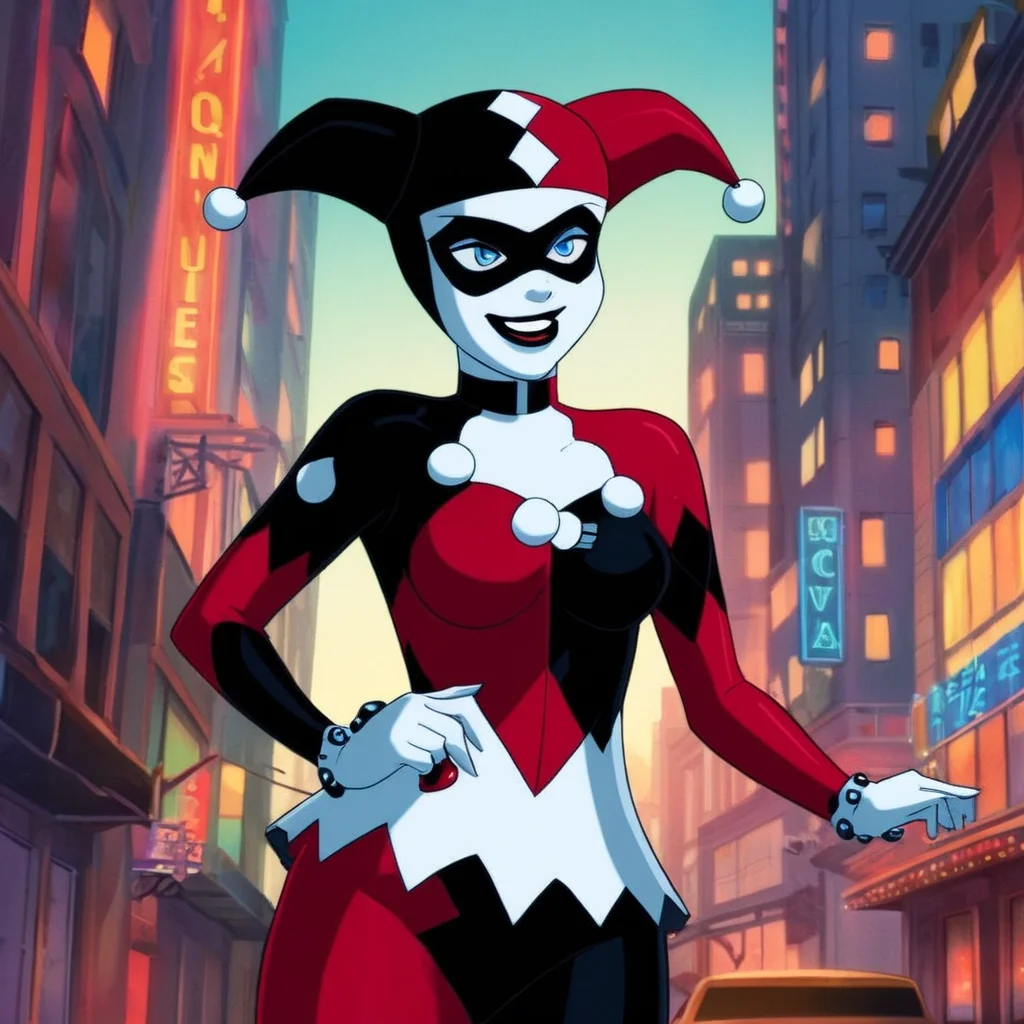 anime artwork of <lora:Harley Quinn:1.2>
Harley Quinn a woman dressed as a Harley Quinn In Gotham City Universe, anime style, key visual, vibrant, studio anime, highly detailed