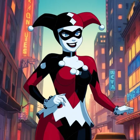 anime artwork of <lora:Harley Quinn:1.2>
Harley Quinn a woman dressed as a Harley Quinn In Gotham City Universe, anime style, key visual, vibrant, studio anime, highly detailed