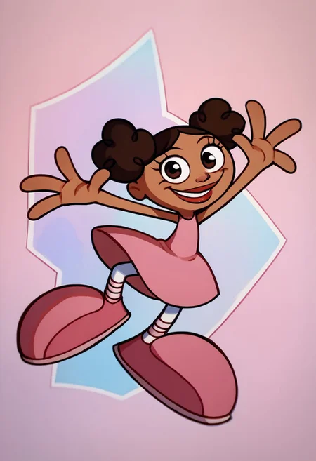 score_9, score_8_up, score_7_up BREAK MeeMeeDL, 1girl, dark brown hair, dark brown eyes, brown skin, curly pigtails, lipstick, sleeveless pink dress, white tights, pink ballet shoes, smiling at viewer, hands behind head,