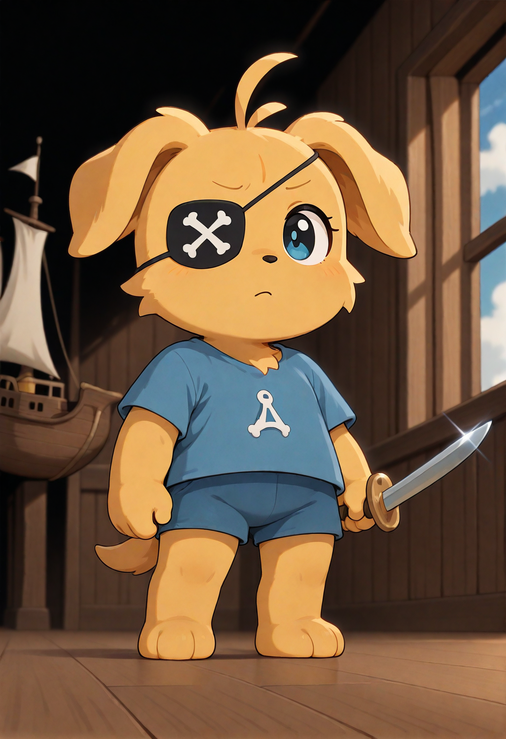 masterpiece, best quality, very aesthetic, newest, thronglet, furry, solo, yellow fur, blue shirt, blue shorts, eyepatch, holding, sword, pirate ship,