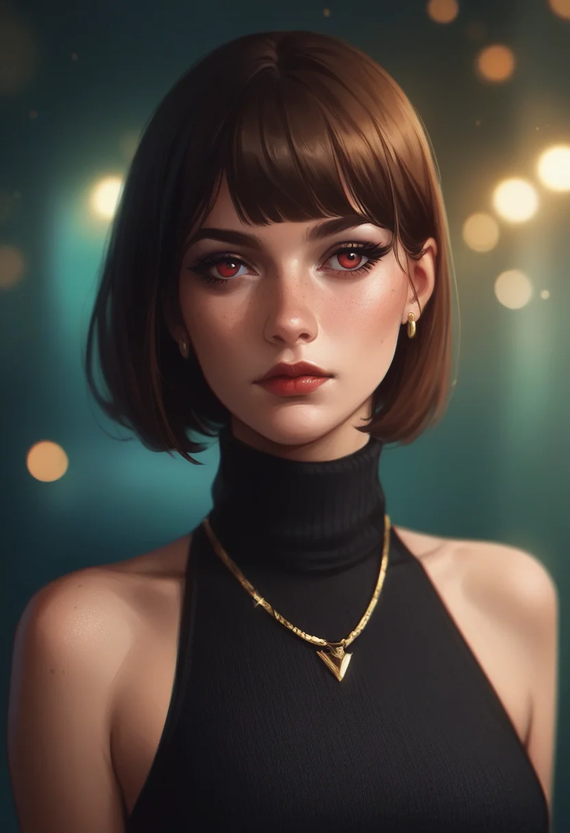 zPDXL3, score_9, score_8_up, score_7_up, dramatic light, 1girl, solo, brown hair, jewelry, zPDXLrl, fashion pose, looking away from camera, looking at top right, jawline, golden princess necklace, ornamental, portrait, bangs, wine red eyes, closed mouth, dark blue turtleneck, beautiful eyes with detailed iris, blurry background, red lips, piercing, blurry, bob cut, eyelashes