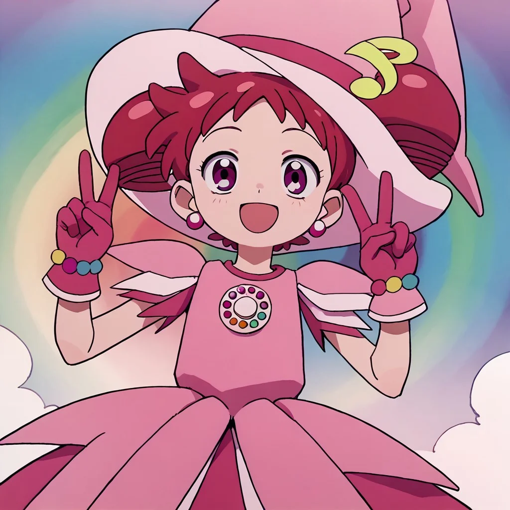 score_9, score_8_up, score_7_up BREAK Doremi2, 1girl, short red hair, purple eyes, fuchsia pearl earrings, odango pigtails, pink witch hat, fuchsia hat band with yellow musical note, layered short-sleeve pink dress, rainbow pearl circle chest badge, fuchsia gloves, rainbow pearl wristband, cowboy shot, peace sign, open mouth smile,