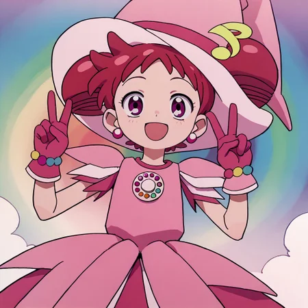 score_9, score_8_up, score_7_up BREAK Doremi2, 1girl, short red hair, purple eyes, fuchsia pearl earrings, odango pigtails, pink witch hat, fuchsia hat band with yellow musical note, layered short-sleeve pink dress, rainbow pearl circle chest badge, fuchsia gloves, rainbow pearl wristband, cowboy shot, peace sign, open mouth smile,