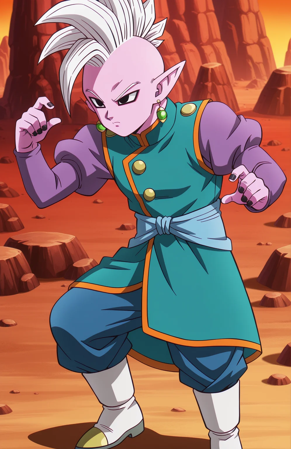 <lora:Daima_v4:0.9> dbdaima, solo, male focus, lazypos, anime screenshot, petite,
1boy, shin \(dragon ball\), pink skin, black eyes, black nails, pointy ears, white hair, mohawk, potara earrings, white boots, aqua robe, purple sleeves, puffy sleeves, blue pants, baggy pants, blue sash,