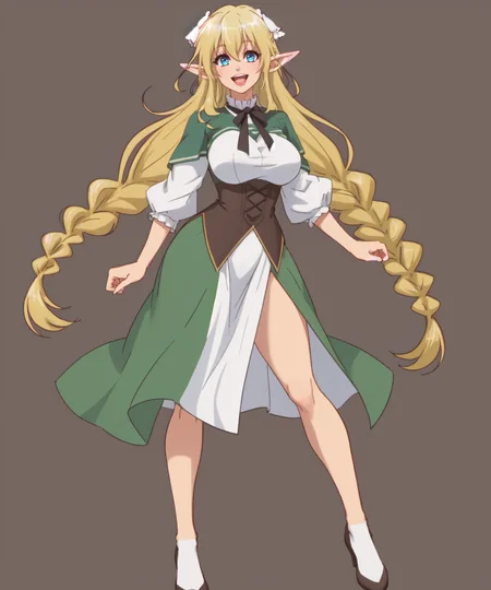 lilulu_(choyoyu), 1girl, mature, tall, solo, long hair, looking at viewer, smile, open mouth, blue eyes, skirt, blonde hair, large breasts, simple background, white background, very long hair, full body, braid, :d, pointy ears, twin braids, green skirt, elf, <lora:Lyrule-20:0.7>