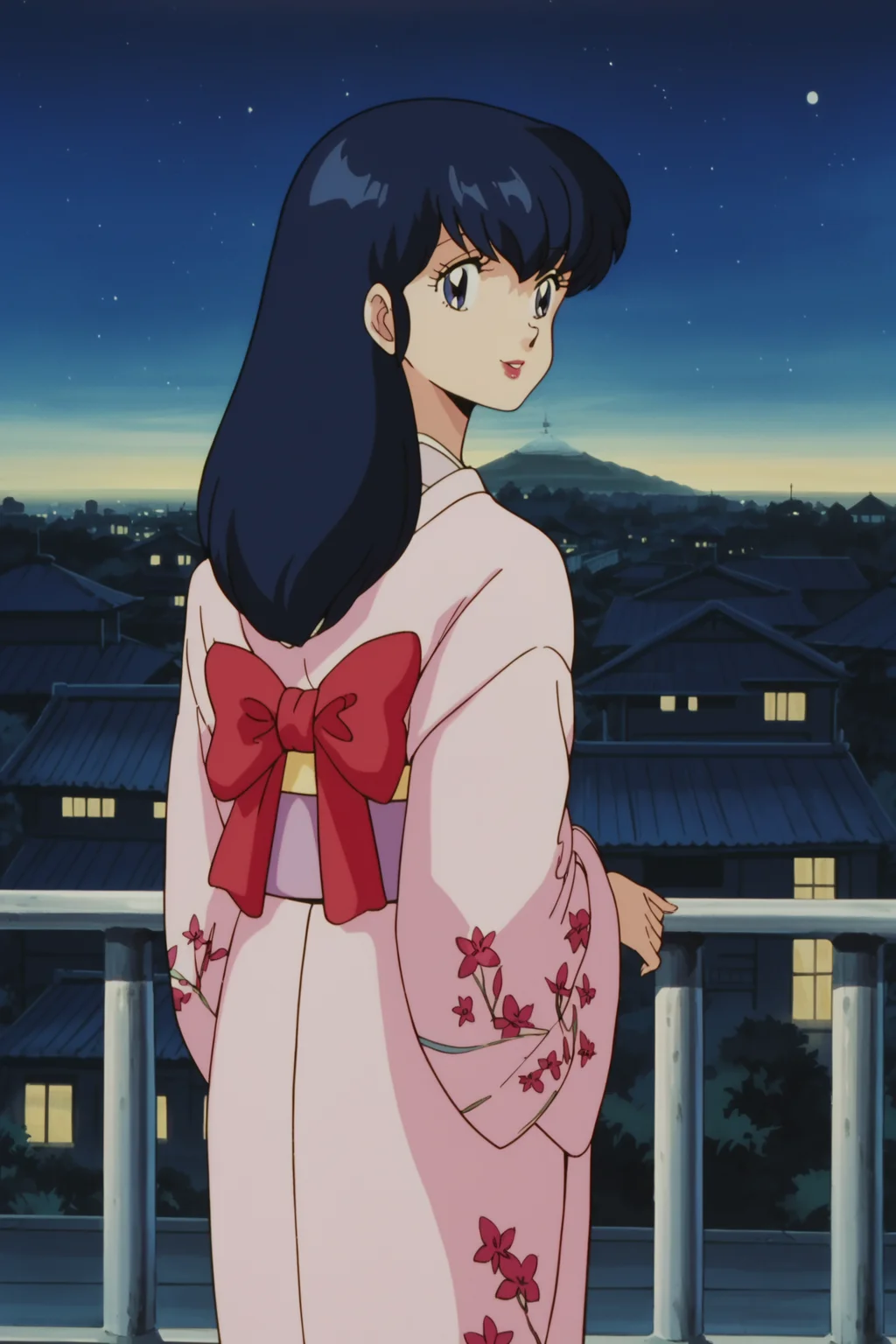 score_9, score_8_up, score_7_up, anime screencap, Retro artstyle, 1980s (style), detailed face,
<lora:Pony_DetailV2.0:3>
outside, night time, dark sky, stars, cityscape, standing over a railing,
<lora:Kyoko_Otonashi:.8>1girl, solo, Kyoko pink kimono outfit, Kyoko Otonashi, blue eyes, long hair, purplish-blue hair, Japanese clothes, kimono, detailed lips, lipstick, red bow,
cowboy shot, view from behind, girl looking back, smiling, happy girl