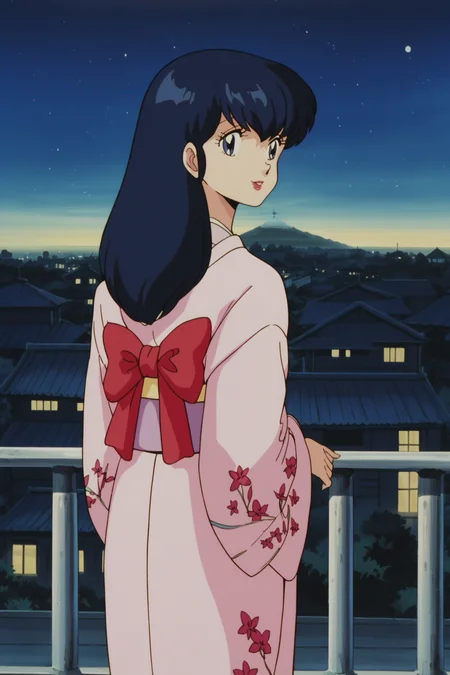 score_9, score_8_up, score_7_up, anime screencap, Retro artstyle, 1980s (style), detailed face,
<lora:Pony_DetailV2.0:3>
outside, night time, dark sky, stars, cityscape, standing over a railing,
<lora:Kyoko_Otonashi:.8>1girl, solo, Kyoko pink kimono outfit, Kyoko Otonashi, blue eyes, long hair, purplish-blue hair, Japanese clothes, kimono, detailed lips, lipstick, red bow,
cowboy shot, view from behind, girl looking back, smiling, happy girl