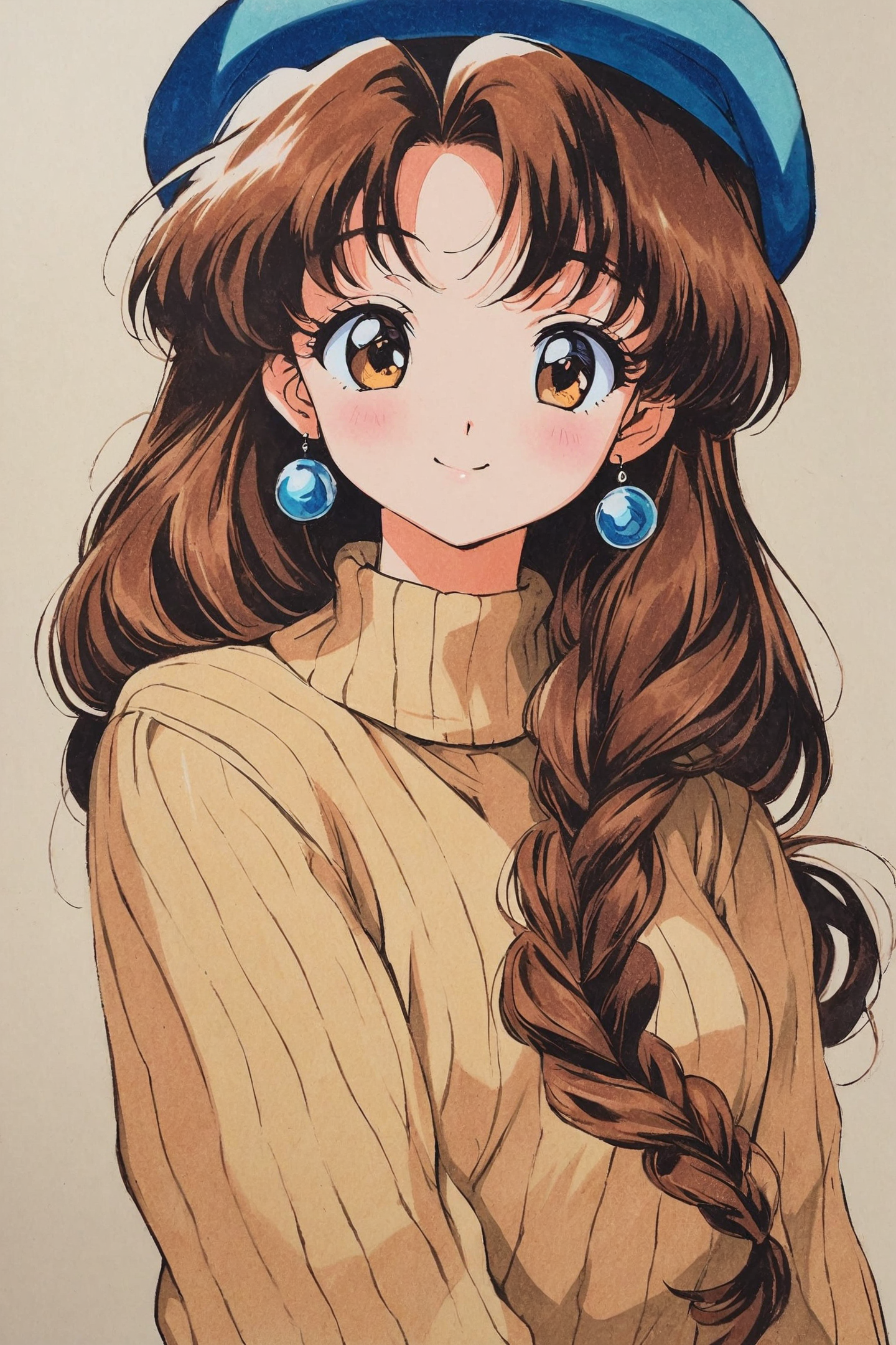 1girl,solo,brown hair,jewelry,earrings,hat,sweater,upper body,smile,long hair,braid,blue headwear,looking at viewer,long sleeves,beret,retro artstyle,ribbed sweater, traditional media, <lora:Hyatsu_XL:0.9>,