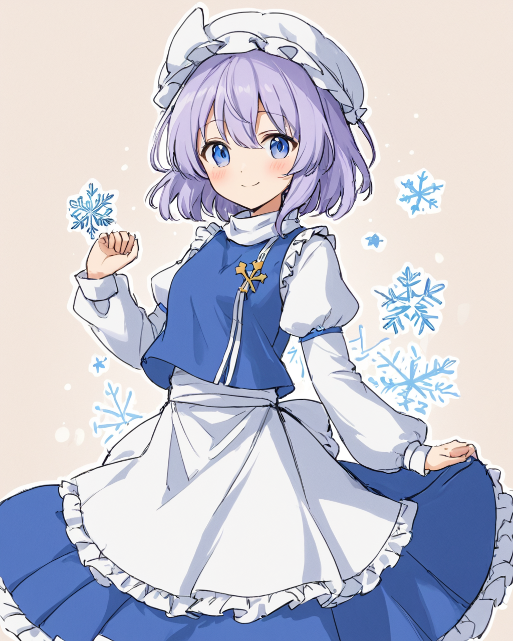 letty whiterock,1girl, solo, smile, snowflakes, blush, looking_at_viewer, white_headwear, waist_apron, dress, blue_skirt, juliet_sleeves, mob_cap, blue_vest, closed_mouth, white_apron, frills, character_name, sketch
<lora:letty_whiterock_image2226_2023-12-17-000010:1>,star-shaped_pupils,symbol-shaped_pupils,. gorgeous,key visual, vibrant, studio anime,award-winning, professional, highly detailed,high budget, cinemascope
