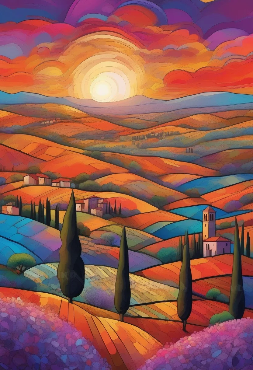Rolling hills of Tuscany in a vibrant psychedelic style, with bold, surreal colors separated by sharp black lines, creating a stained-glass effect. A small village in the distance with terracotta rooftops and stone walls, stylized with vivid hues of purple, blue, and orange. Cypress trees and wildflowers rendered in exaggerated, kaleidoscopic patterns. Golden sunlight breaking through in fragmented beams, casting a dreamlike glow over the landscape. Highly detailed, surreal composition, inspired by psychedelic art and Italian countryside aesthetics, 8K resolution, vivid and trippy yet harmonious color palette, a mesmerizing and otherworldly mood.