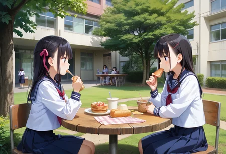 score_9, score_8_up, score_7_up, rating_safe, masterpiece, best quality, absurdres, unity 8k wallpaper, official art, official style, source_anime, uncensored, game cg, megami magazine,
nakaniwa, multiple girls, school uniform, tree, black hair, serafuku, outdoors, skirt, table, sitting, sailor collar, eating, food, day, building, cup
 <lora:gakkou_nakaniwa_PONY_V1:1>