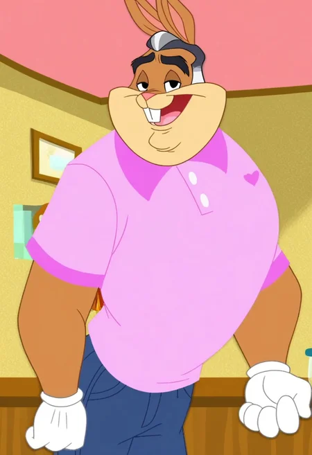 walter bunny, looney tunes style, looney tunes, anthro rabbit, rabbit ears, anthropomorphic, cartoon, middle aged man, middle aged, buck teeth, grey hair, white hair, 1boy, male, solo,
looking at viewer, smiling, teeth, open mouth, bedroom eyes, white gloves, pink shirt, blue jeans, tight clothing, upper body view,