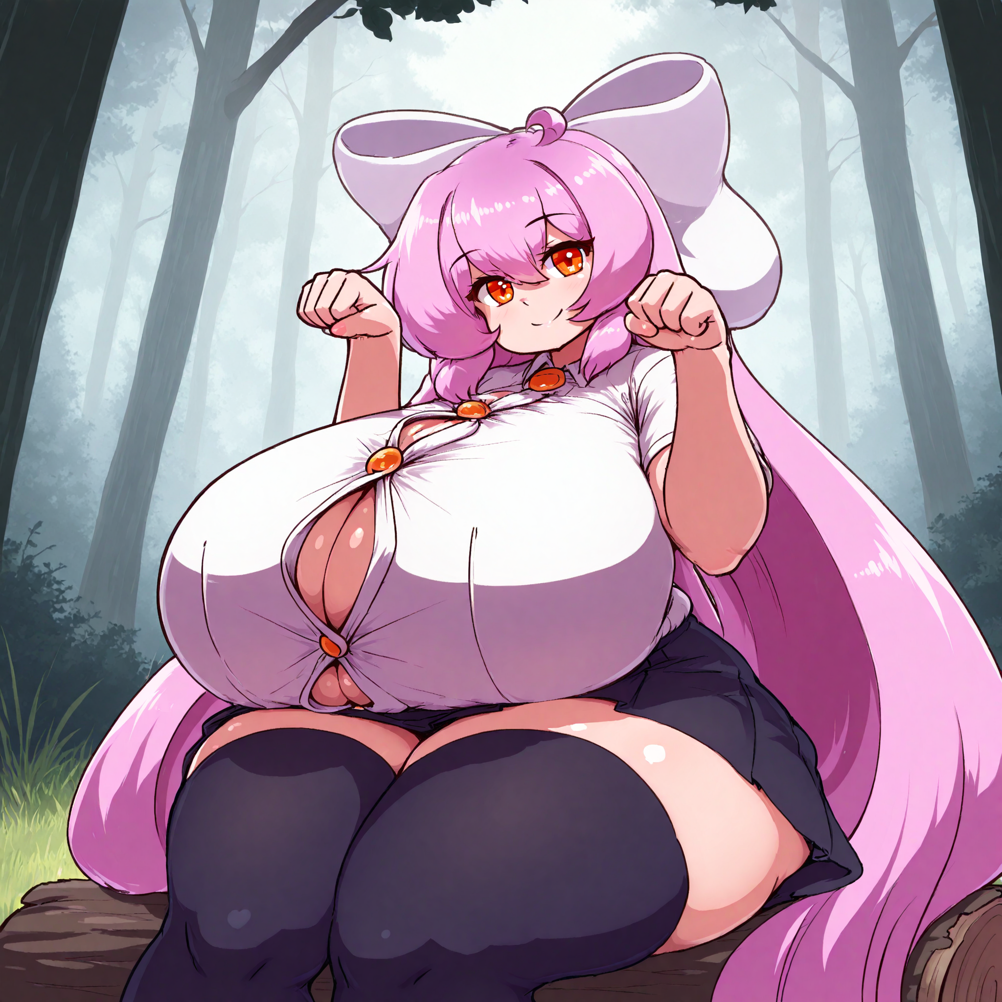 (masterpiece), best quality, (highly detailed), 1female, solo, <lora:Mo23_style_Illustrious:0.8>, forest, sitting on log, thick thighs, gigantic breasts, smile, <lora:Ursula_Masked_Agent_OC_Illustrious:0.6> , Ursula, shortstack, long hair, pink hair, orange eyes, button shirt, short skirt, thighhighs, hairbow, cat pose,