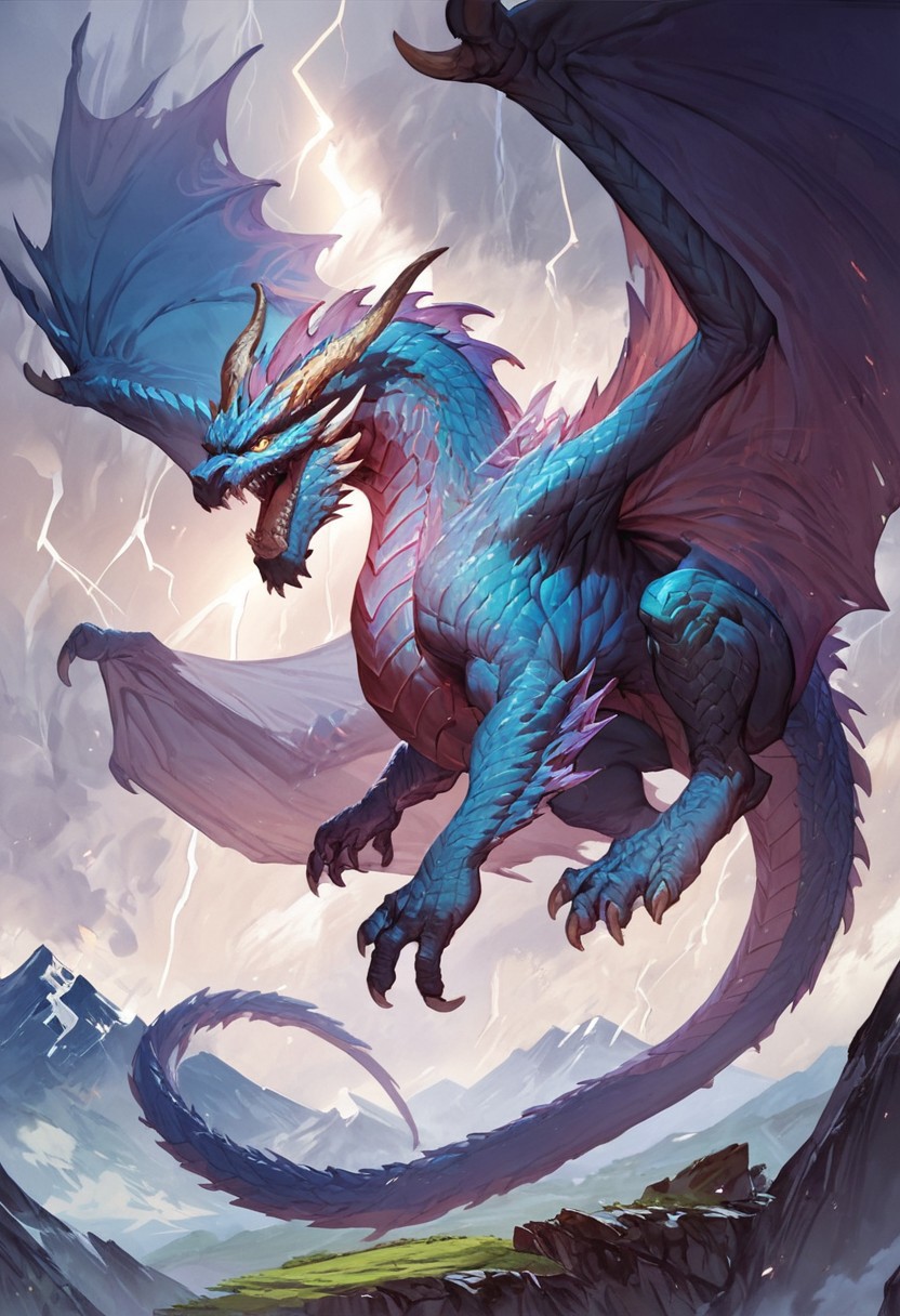 score_9, score_8_up, score_7_up, score_6_up, score_5_up, score_4_up, gigantic storm dragon, teeth, horns, long tail, wings, mountains, lightning aura,fantasy,solo focus,epic