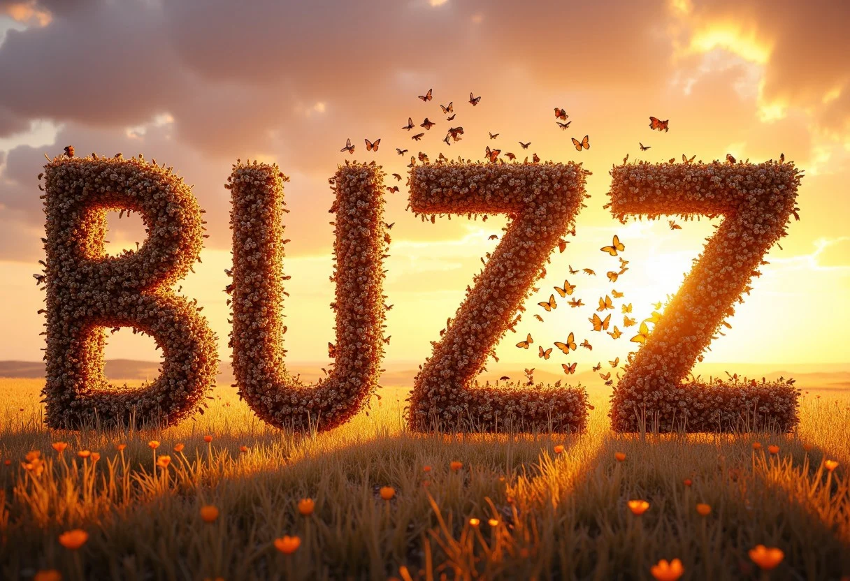 An aidmaMJ6.1 surreal and imaginative scene where animals creatively spell out the word "BUZZ" in a meadow under a golden sunset. "B" is formed by a group of honeybees swarming together in a coordinated pattern, "U" by two giraffes bending their necks gracefully, "Z" by a line of leaping dolphins frozen mid-air, and the second "Z" crafted by a trail of fluttering butterflies in various bright colors. The background features a glowing sky transitioning from orange to purple hues, with soft grass and wildflowers below. The image is highly detailed, with a blend of photorealistic textures for the animals and a dreamlike, whimsical tone for the setting.