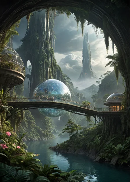 A serene, organic dwelling nestled behind a tall waterfall, offering a mesmerizing view of the iridescent jungle through the dappled water,
translucent, domed windows, flying gliders flitting between the branches, strands of luminous fog swirling through the foliage, a clear atmosphere with a distant asteroid field, a rushing planetary wind carrying the scent of unusual blossoms, a medium observatory dome, the city's geometric, angular structures and suspended walkways visible in the distance,
A mystical, ht-time scene in the alien jungle, with the futuristic city's organic, curved structures and bioluminescent dwellings illuminated against the dark, twinkling sky,
a clear atmosphere with a nearby asteroid field, alien fungi integrated into the design, the city's suspended walkways glowing softly, unusual, giant creatures roaming the streets, a observatory dome
, clear transparent water, , (epic:0.84, (masterpiece:1.17), (high image quality:1.08), (RAW:0.78),high definition,<lora:LCMTurboMix_Euler_A_fix.safetensors:0.96:0.3> <lora:sdxl\pony-realism-22-nsfw-photo.safetensors:0.85:0.18> p14,s1