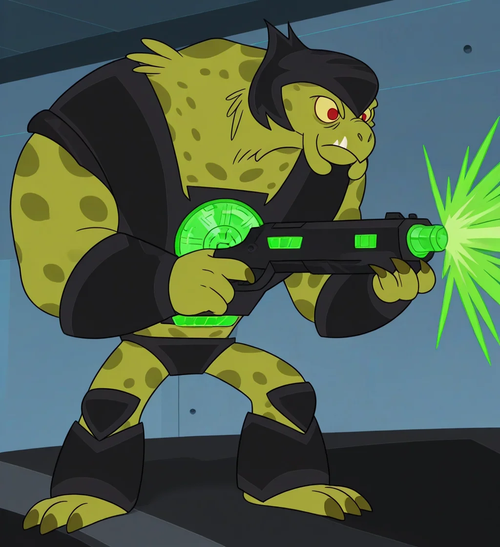 high resolution, best quality, 4k, cel shading, solo, male, side view, standing on car, holding green laser gun, aiming forward, green laser beam, highway background, <lora:Memnock_-_Supernoobs_-_IL:1> memnocksn, alien, humanoid, beak, tusks, mandibles, thick neck, thick arms, broad shoulders, green skin, spotted skin, yellow sclera, red eyes, claws, black helmet, black armor, chest armor, black bracers, black codpiece, black knee pads, ankle armor, green emblem, 2 toes, 4 fingers
