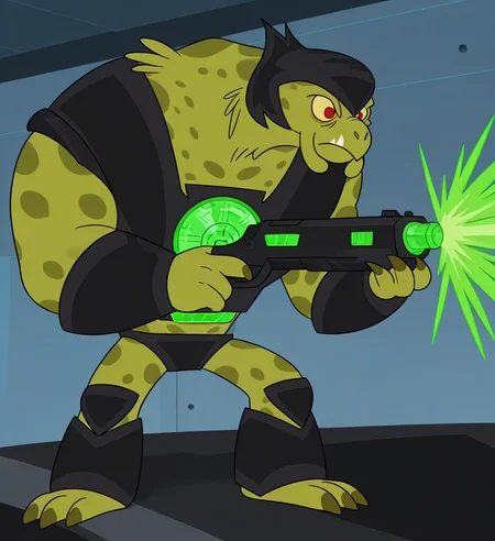 high resolution, best quality, 4k, cel shading, solo, male, side view, standing on car, holding green laser gun, aiming forward, green laser beam, highway background, <lora:Memnock_-_Supernoobs_-_IL:1> memnocksn, alien, humanoid, beak, tusks, mandibles, thick neck, thick arms, broad shoulders, green skin, spotted skin, yellow sclera, red eyes, claws, black helmet, black armor, chest armor, black bracers, black codpiece, black knee pads, ankle armor, green emblem, 2 toes, 4 fingers
